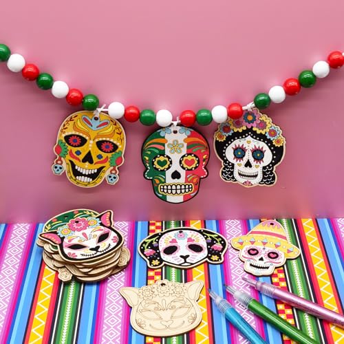 48 Sets Day of The Dead Skull Crafts Kits Unfinished Wooden Sugar Skull Ornaments Make Your Own Mexican Fiesta Festival Decor Halloween Blank DIY Generic