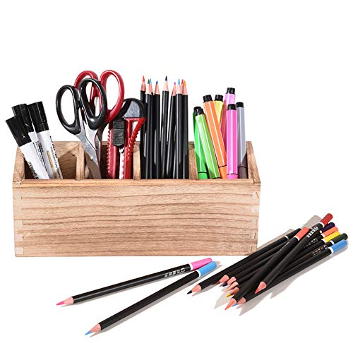 WuGeShop Wood Pen Pencil Holder for Desk, 4 Compartment Pen Holder Organizer, Rustic Desktop Stationery Organizer Pencil Stand Holder for Marker,