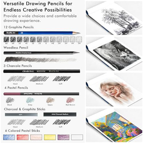Drawing Kit, Shuttle Art 52 Pack Drawing Pencils Set, Professional Drawing Art Kit with Sketch Pencils, Graphite Charcoal Sticks, Drawing Pad in Shuttle Art