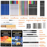 Drawdart Art Supplies Drawing Pencils Set - 76 Pack Pro Sketching Kit with Sketchbook & Watercolor Pad, Includes Graphite, Charcoal, Watercolor & Drawdart