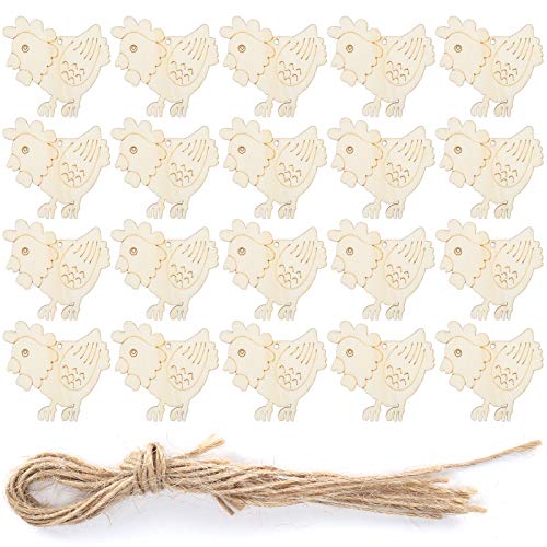 20 Set 3.1×3.1in Wooden Easter Christmas Ornaments with Hemp Ropes, Unfinished Wooden Hens Chicken Hanging Ornament DIY Crafts for Hand-Painted, Tissting