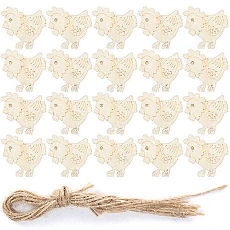 20 Set 3.1×3.1in Wooden Easter Christmas Ornaments with Hemp Ropes, Unfinished Wooden Hens Chicken Hanging Ornament DIY Crafts for Hand-Painted, Tissting
