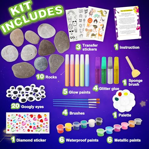 Toidgy Rock Painting Kit for Kids - Glow in The Dark, Arts and Crafts Gift for Boys Girls Ages 4-12, Craft Kits Art Supplies for Kids Activities, Toidgy
