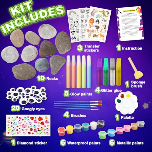 Toidgy Rock Painting Kit for Kids - Glow in The Dark, Arts and Crafts Gift for Boys Girls Ages 4-12, Craft Kits Art Supplies for Kids Activities,