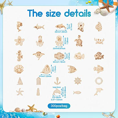 300Pcs Ocean Themed Pattern Wood Pieces Unfinished Wooden Marine Animal Cutouts Blank Wooden Paint Crafts for Kids Home Decoration DIY Craft Project - WoodArtSupply