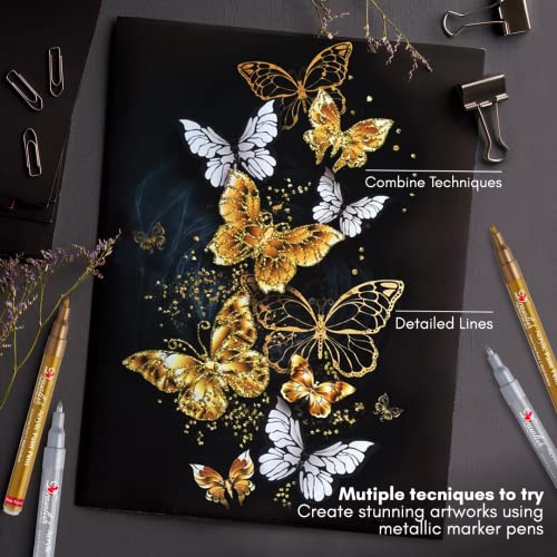 Acrylic Paint Pens - Permanent Markers 2 Gold Pens & 2 Silver Paint Marker Pens Set of 4 Acrylic Pens 0.7mm Extra Fine Tip - Ideal for Rock Painting, Drawlish