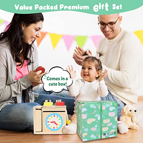 Kizfarm Wooden Montessori Baby Toys, 8-in-1 Wooden Play Kit Includes Object Permanent Box, Coin Box, Carrot Harvest, Shape Sorting & Stacking - Kizfarm