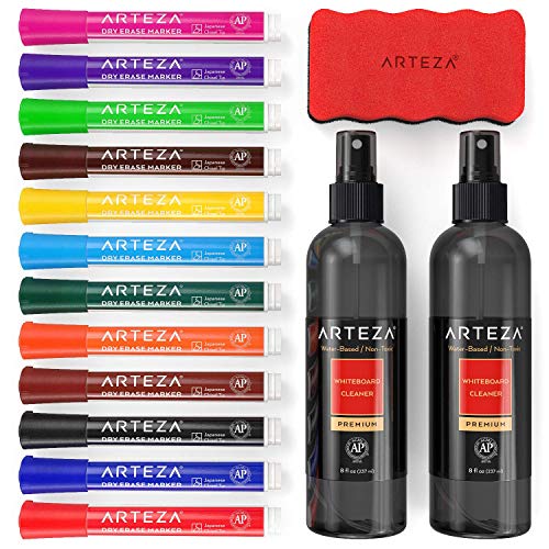 Arteza Magnetic Dry Erase Markers with Eraser, Pack of 24 (with Fine Tip), 12 Assorted Colors