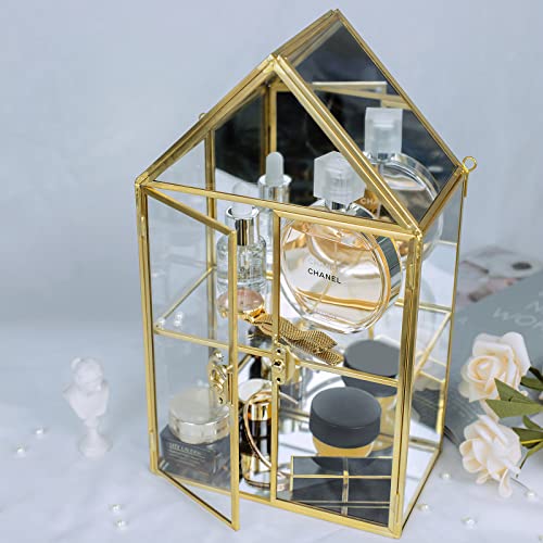 Wall Glass Cabinet Display for Perfume, Small Glass Display Curio Cabinets with Doors Wall Mounted, 2 Tiered Small Gold Curio Cabinet with Mirror