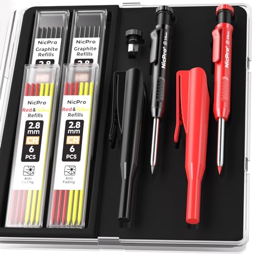 Nicpro 2Pack Carpenter Pencil with Sharpener, Mechanical Carpenter Pencils with 26 Refills (Red, Black, Yellow), Deep Hole Marker Construction Heavy