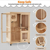 MCombo Luxury Cat House with Scratching Post, Wooden Large Cat Villa with Wheels, Multi-Feature Cat Condo with Escape Door, Cat Cages Enclosures with mcombo