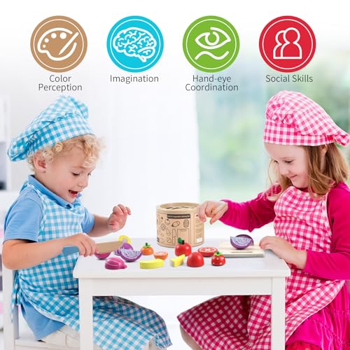 WHOHOLL Wooden Play Food for Kids Kitchen Playset, Play Kitchen Accessories Pretend Cutting Food Montessori Toys for 2+ Year Old with Basket, Toy WHOHOLL
