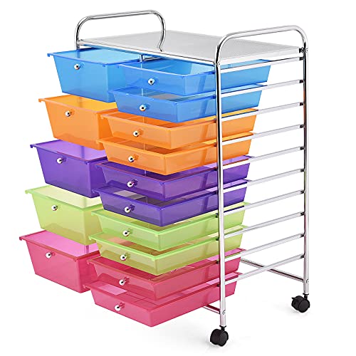 KOTEK 15-Drawer Rolling Storage Cart, Multipurpose Mobile Utility Cart with 4 Wheels, Home Office School Tools Scrapbook Paper Organizer (Multicolor) - WoodArtSupply