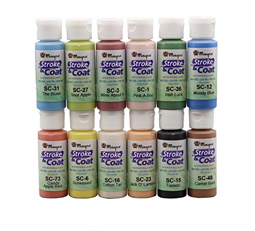 Mayco Stroke and Coat Glaze for Ceramics Kit 3 | 12 Assorted 2 oz Jars with How to Paint Pottery Book - WoodArtSupply