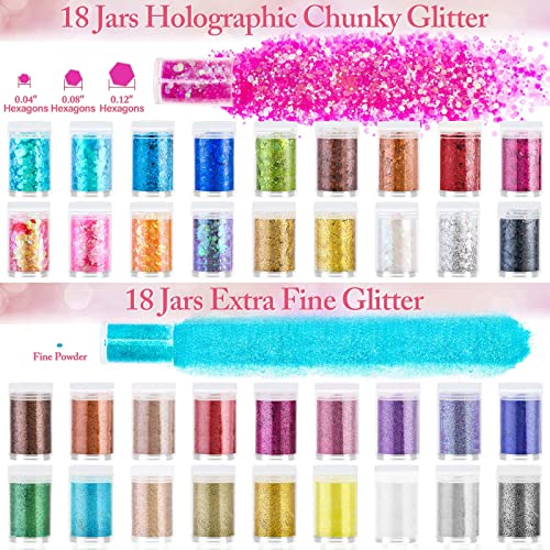 Audab Fine and Chunky Glitter Powder for Resin, Assorted Holographic Nail Sequins for Hair, Makeup, Slime, Resin Molds / Tumblers, 36 Pcs - WoodArtSupply