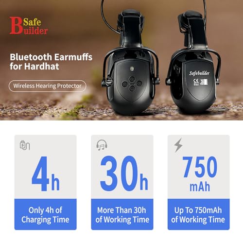 SAFEBUILDER Bluetooth Hard Hat Ear Muffs, SNR 26dB Adjustable Cap-mounted Ear muff, Helmet Attachable Earmuff (Black Bluetooth Ear Muffs Safety SAFEBUILDER
