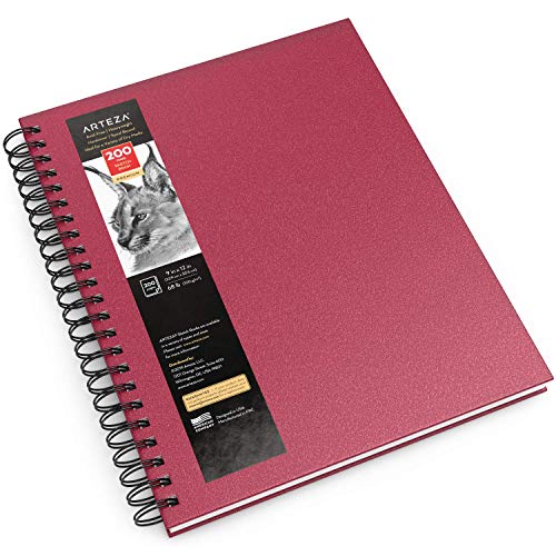 Arteza Hardcover Sketchbook, 9 x 12 Inches, 100 Sheets — 200 Pages, Pink Cover, Spiral-Bound 68-lb Drawing Pad, Art Supplies for Drawing with Dry ARTEZA