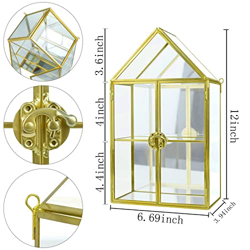 Wall Glass Cabinet Display for Perfume, Small Glass Display Curio Cabinets with Doors Wall Mounted, 2 Tiered Small Gold Curio Cabinet with Mirror