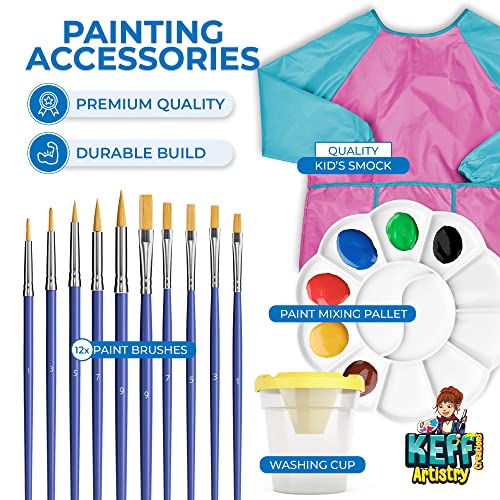 KEFF Kids Painting Set - Acrylic Paint Set for Kids, 32 Piece Non-Toxic Painting Supplies, Art Supplies Kit with Pre Drawn Canvases, Wooden Easel,