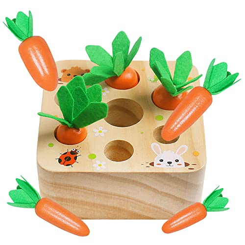 Wooden Toys for 1 2 3 Year Old Baby Boys and Girls, Montessori Toy Carrot Harvest Game Shape & Sorting Matching Puzzle, Educational Developmental Skrtuan