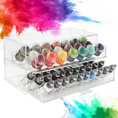 CraftyBook Acrylic Paint Storage Organizer - 50 Bottle Miniature, Hobby, Enamel, Model Paint Holder - 2 Drawer Clear Acrylic Craft Storage - Desktop