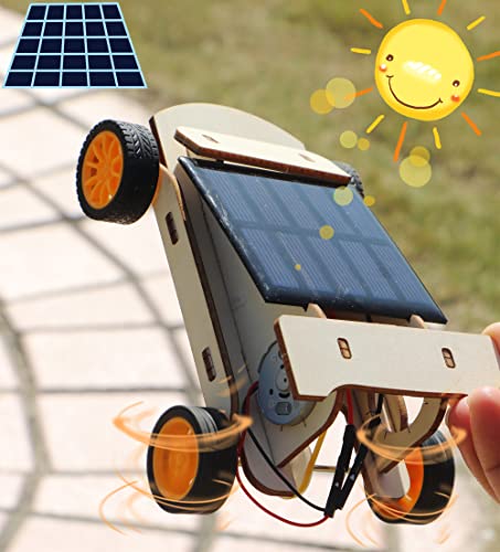 STEM 4 Set Solar Motor Kit,Wooden Model Electric Car Science Experiment Projects,Educational 3D Building Puzzles Electronic with 3 Different Motors