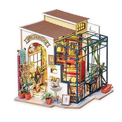 Hands Craft DIY Miniature Dollhouse Kit - Emily's Flower Shop 3D Model Tiny House Building with LED Lights Wood Prefabricated Pieces Puzzle 1:24