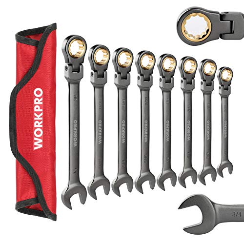 WORKPRO 8-piece Flex-Head Ratcheting Combination Wrench Set, SAE 5/16-3/4 in, 72-Teeth, Cr-V Constructed, Nickel Plating with Organizer Bag WORKPRO
