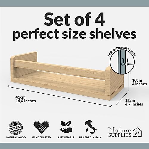 Set of 4 Natural Wood Floating Book Shelves for Nursery and Kids' Rooms NATURE SUPPLIES