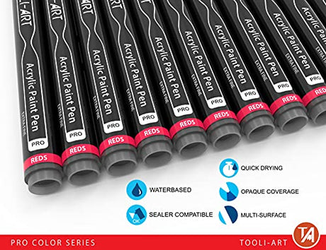 Acrylic Paint Pens 22 Red & Pink Tones Assorted Pro Color Series Markers Set 0.7mm Extra Fine Tip for Rock Painting, Glass, Mugs, Wood, Metal, TOOLI-ART