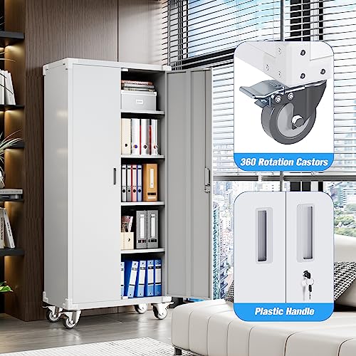 Aobabo Metal Storage Cabinet with Wheels,Heavy Duty Office Storage Cabinet with Lock,Steel Cabinet with 2 Doors and 4 Adjustable Shelves for Office Aobabo
