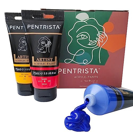 PENTRISTA Acrylic Paints 6 Large Tubes Virbrant Colors 75ml/2.54 oz Non-Toxic Art Supplies for Canvas, Wood, Ceramic, Fabric and Nail Art, PENTRISTA