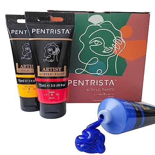 PENTRISTA Acrylic Paints 6 Large Tubes Virbrant Colors 75ml/2.54 oz Non-Toxic Art Supplies for Canvas, Wood, Ceramic, Fabric and Nail Art, - WoodArtSupply