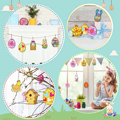 TREACLUB 36PCS Unfinished Wood Easter Ornaments, 12 Styles DIY Easter Eggs Bunny Chick Hanging Ornaments with Stickers Colored Pen Pom-poms Cutouts - WoodArtSupply