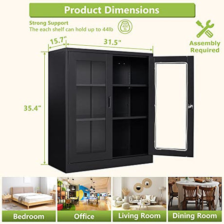 AFAIF Metal Storage Cabinet, Glass Cabinet Sideboard, Bookcase with Glass Doors, Curio Cabinet with 2 Adjustable Shelves, Lockable Metal Display AFAIF