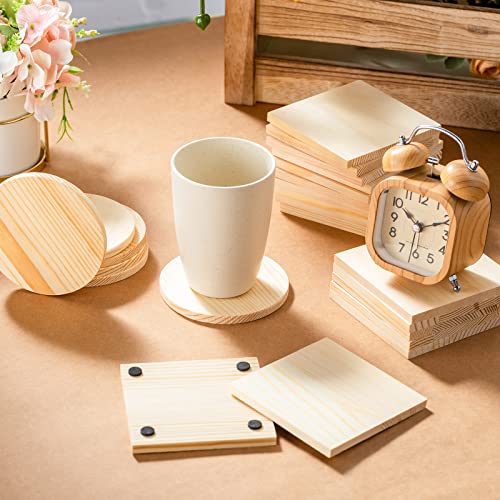 36 Pcs Unfinished Wood Coasters 4" Square and Round Wood Slices for Nature Crafts Blank Wooden Coasters for Crafts and 132 Pcs Non Slip Dot Stickers EBOOT