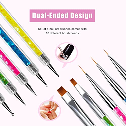 Sularpek 5 Pcs Double Ended Nail Design Brushes,Nail Art Point Drill Drawing Brush Pen,Double Ended Fine Nail Liner Brush Dotting Pen,Double Ended