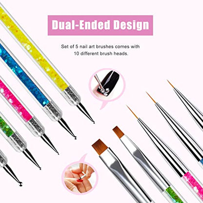 Sularpek 5 Pcs Double Ended Nail Design Brushes,Nail Art Point Drill Drawing Brush Pen,Double Ended Fine Nail Liner Brush Dotting Pen,Double Ended