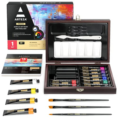 Arteza Acrylic Paint Set, 19-Piece Art Set, Includes 12 Acrylic Paints, 3 Brushes, 1 Paint Palette, 1 Paint Knife, 1 Acrylic Pad, 1 Mini Storage