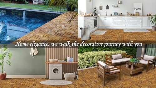 AN68 Pack of 10 Deck Tiles - 12"x12" Interlocking Natural Solid Acacia Wood for Outdoor & Indoor, Patio Garden, Balcony, Poolside - Natural Color AN68