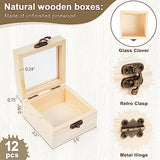 Thyle 12 Pcs Unfinished Wooden Boxes with Glass Lid Small Blank Wooden Box Natural Wooden Christmas Gift Boxes 3.5 x 3.5 x 1.8 Inch Wood Box for Thyle