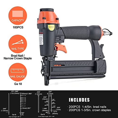 DOTOOL 18 Gauge Pneumatic Brad Nailer 2-in-1 Nail Accepts 5/8 to 2 Inch Brad Nails and 5/8 to 1-5/8 Inch Crown Staples Tool-Free Air-powered Nail Gun DOTOOL
