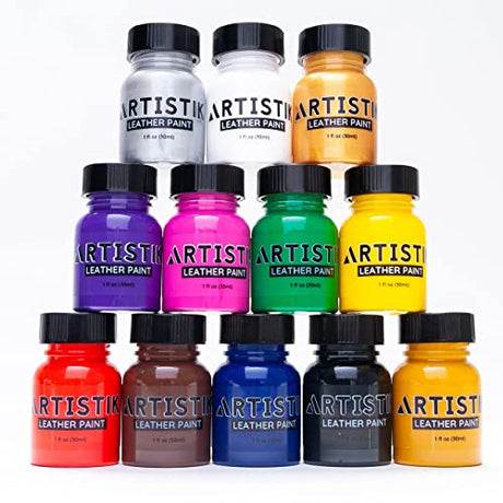 Leather Paint Set with Brushes - 12 x 30ml Acrylic Paints Leather Dye Set for Shoes Bags Boots Sneakers Jackets Car Seat Leather ARTISTIK