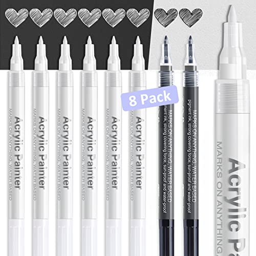 Acrylic White Paint Pen Fine Tip: 8 Pack 0.7mm Black White Paint Marker Pens for Art, Water-Based White Markers for Black Paper Metal Wood Stone AKARUED