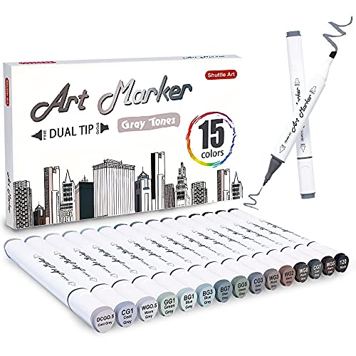 Shuttle Art 15 Colors Grey Tones Dual Tip Art Marker, Permanent Marker Pens Double Ended with Fine Bullet and Chisel Point Tips Perfect for - WoodArtSupply