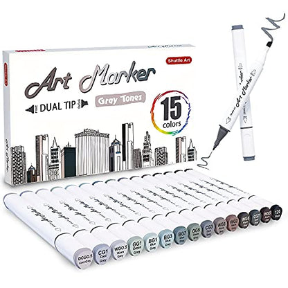 Shuttle Art 15 Colors Grey Tones Dual Tip Art Marker, Permanent Marker Pens Double Ended with Fine Bullet and Chisel Point Tips Perfect for - WoodArtSupply