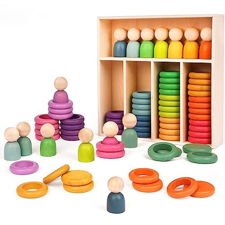 Montessori Toys Wooden Color Sorting Stacking Rings Toy Rainbow Wooden Peg Dolls Counting Toys Circular Building Blocks Stacking Game Preschool Agirlgle