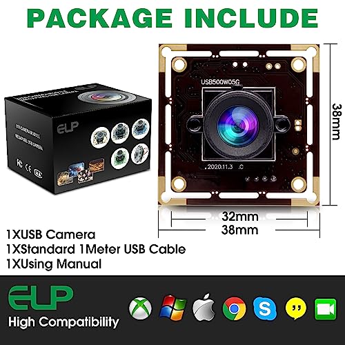ELP 5mp Wide Angle USB Camera Module for Computer and Raspberry Pi Mini UVC USB2.0 PC Camera 100degree Low Distortion Webcam Board MI5100 Lightburn ELP