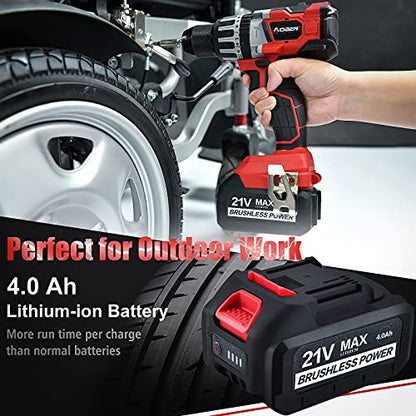 AOBEN 21V Cordless Hammer Drill, High Torque 1200 In-lbs, 1/2-Inch Power Hammer Drill Brushless, with 4.0Ah Li-ion Battery and Charger, Auxiliary - WoodArtSupply