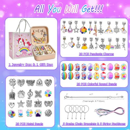 BEIKEETOO Charm Bracelet Making Kit for Girls 8-12 DIY Bead Jewelry Making Kit with Box, Unicorn Mermaid Arts and Crafts for Kids 6-8 Gifts for Girl